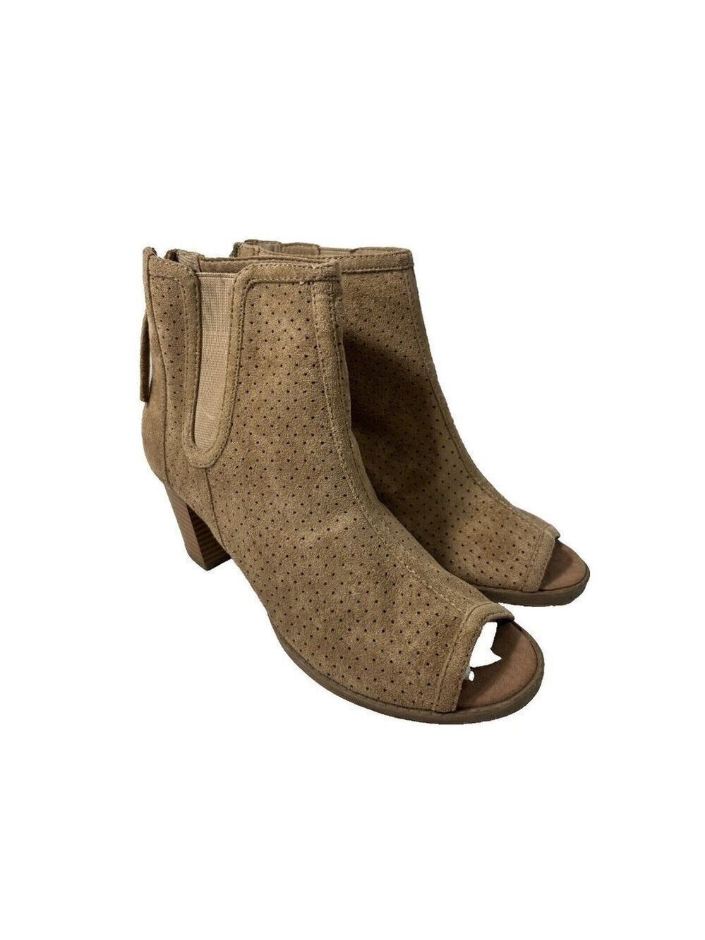 BIG BUDDA Open Toe Bootie Ankle Boots Womens Block Heel Tan Beige Zip Back 9